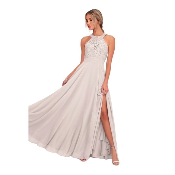 LULU'S Light Gray Picture Perfect Lace High Neck Maxi Dress Small Bridesmaid - Picture 1 of 10